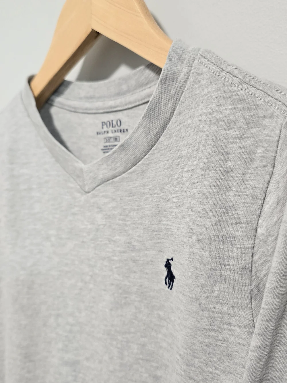 Ralph Lauren Kids' Long-Sleeve V-Neck Tee in Light Gray with Navy Pony